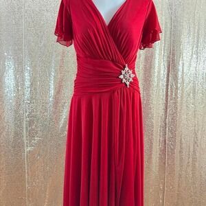Red Chiffon Cocktail Dress Rhinestone Snowflake Brooch/Sizes M-3XL